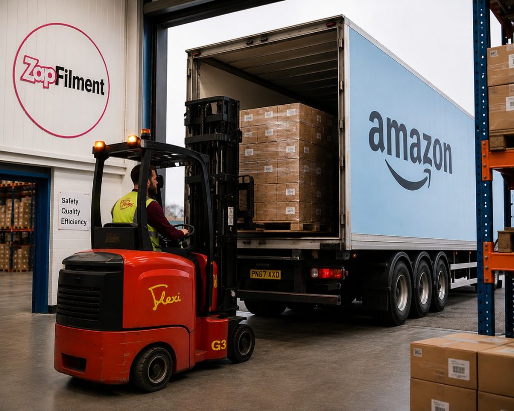 Amazon stock receiving and warehouse storage at ZapFilment UK fulfilment centre