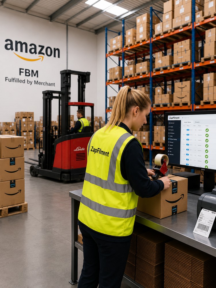 Amazon FBM fulfilment UK warehouse with automated order processing, pick and pack