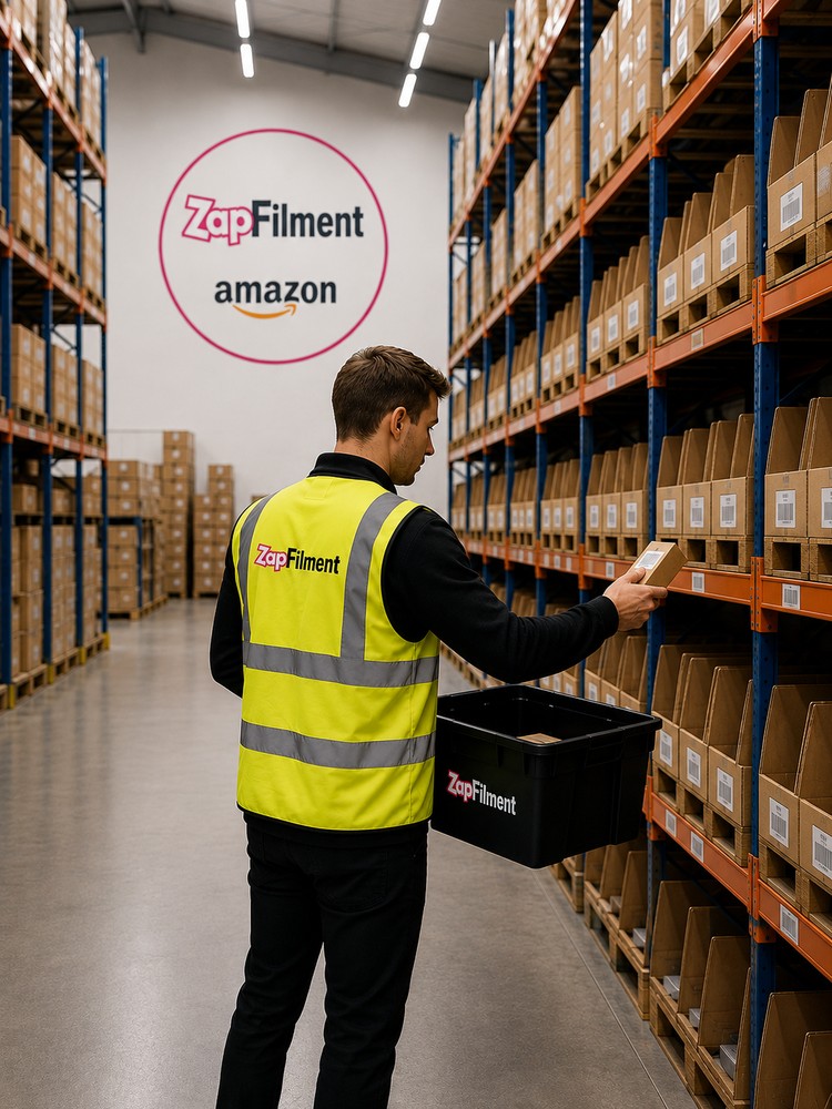 Amazon FBM fulfilment UK warehouse with staff picking orders for merchant dispatch